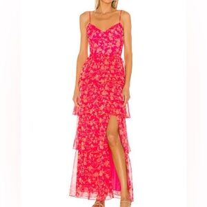 Amanda Uprichard Pink Floral Tiered Spaghetti-Strap Gown